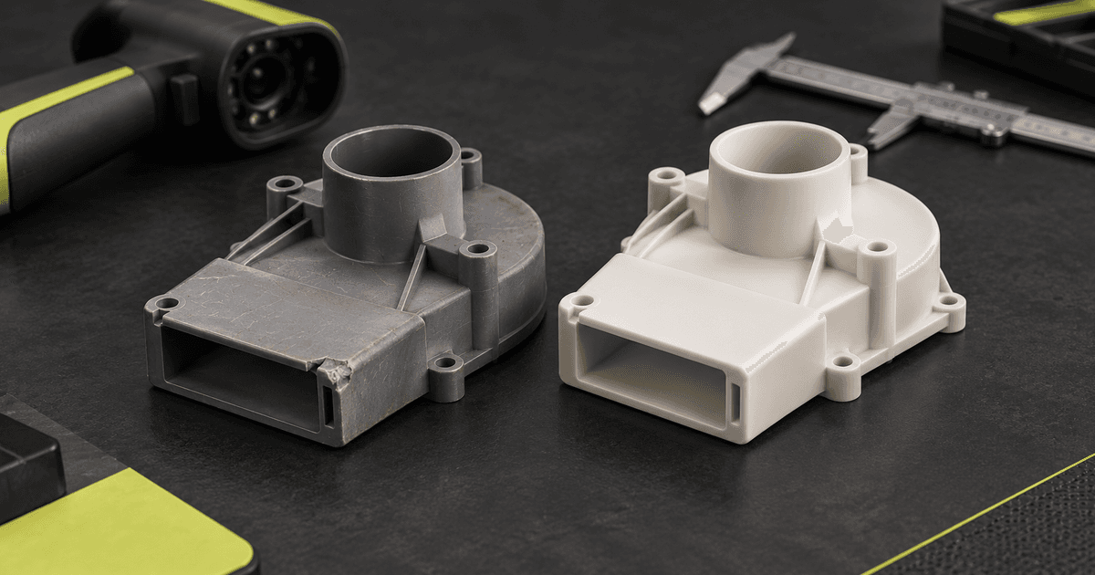 A worn grey housing beside a clean off-white version, with a handheld scanner and calliper nearby