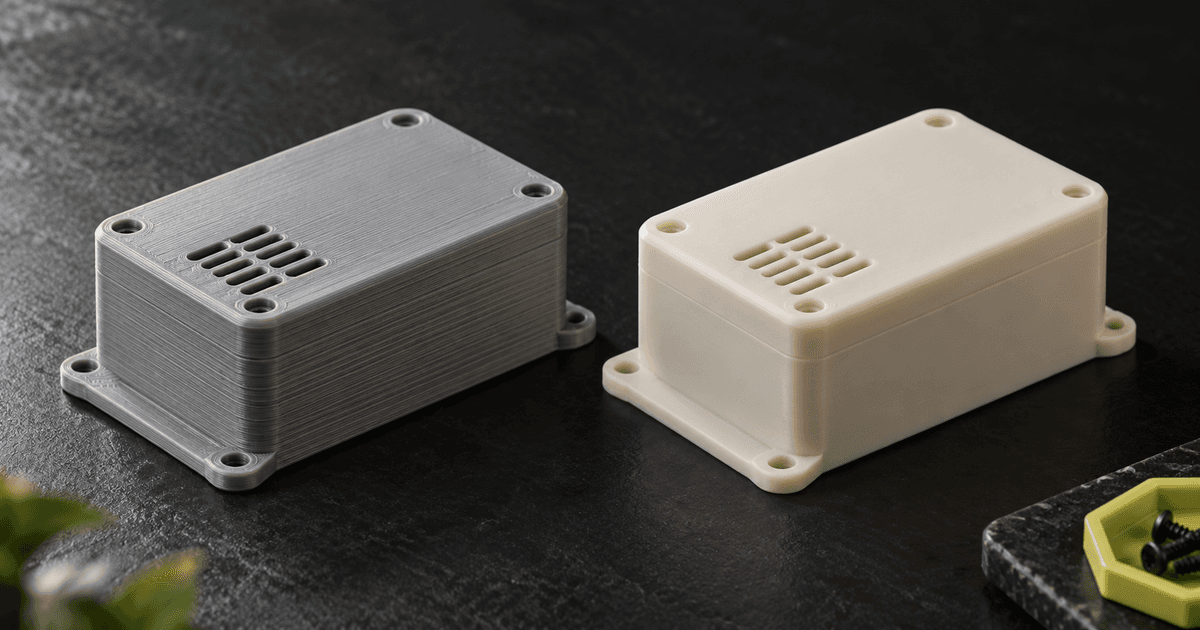 Two vented enclosures side by side, one grey with visible print layers and one off-white with a finer surface
