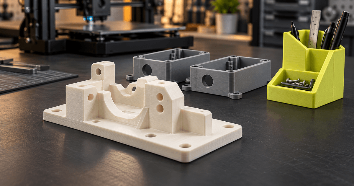 A printed locating fixture, two grey housings and a lime tool organiser on a workbench with a printer behind