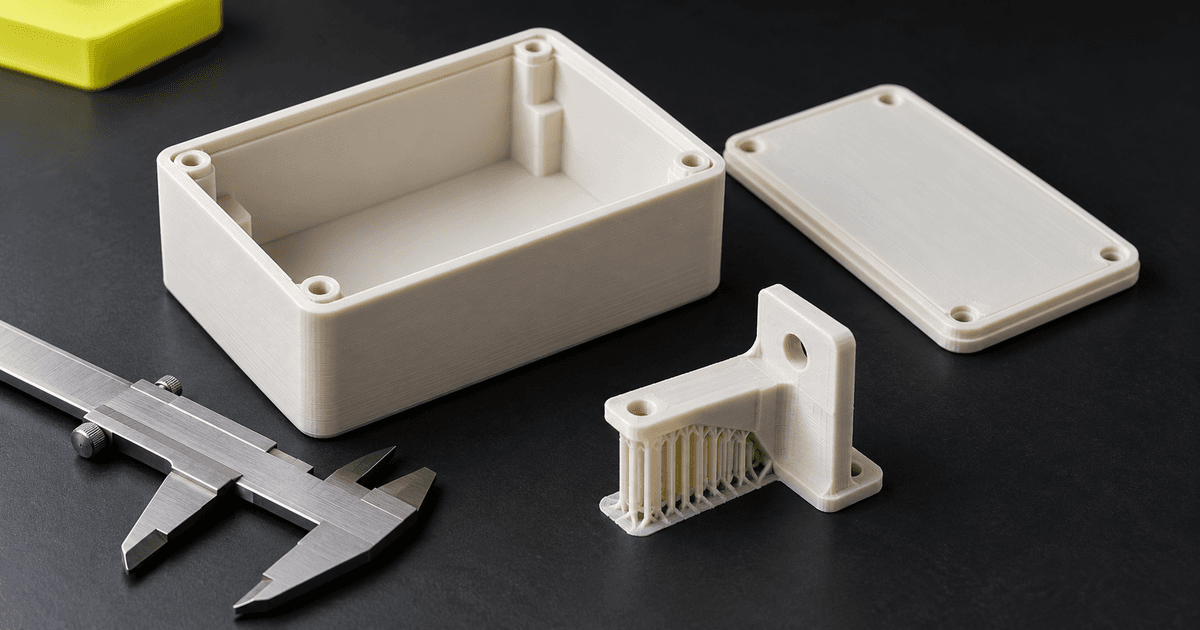 A printed enclosure and lid beside a supported bracket and metal calliper on a dark work surface