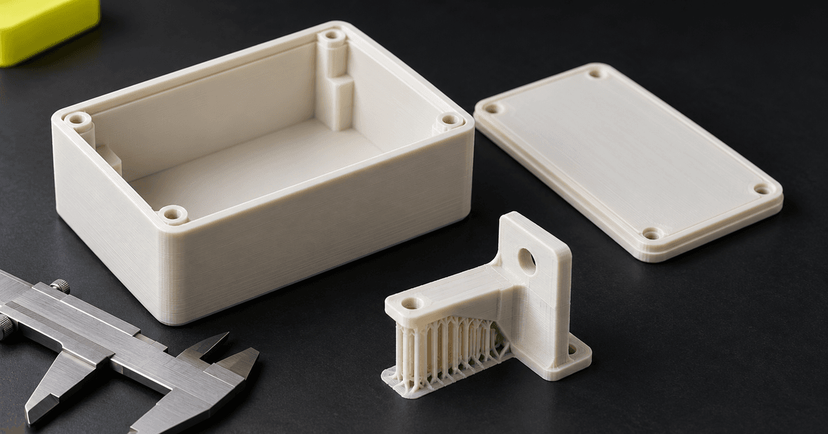 An off-white printed enclosure and separate lid with fastening holes on a dark work surface